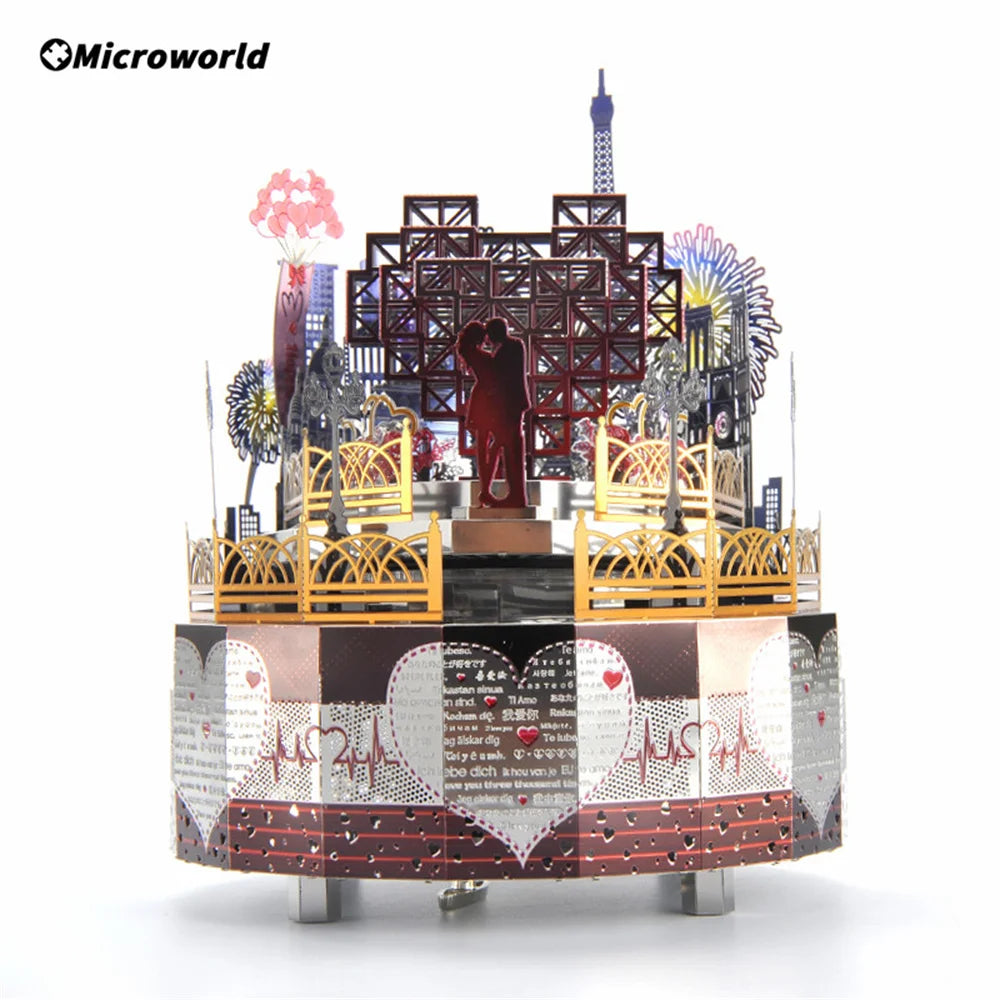 Microworld-rompecabezas de Metal 3D con tema de bosque, caja de música giratoria, modelo DIY con Kits de luces LED