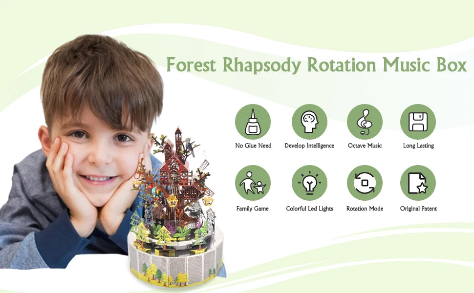 Microworld-rompecabezas de Metal 3D con tema de bosque, caja de música giratoria, modelo DIY con Kits de luces LED
