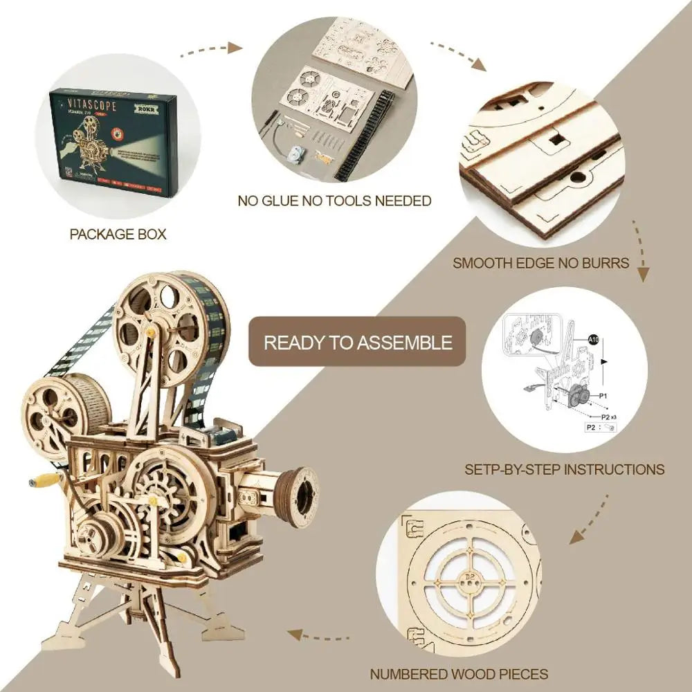 Robotime ROKR-proyector de manivela, Vitascopio de película clásica, rompecabezas de madera 3D, modelo de juguete de construcción para niños y adultos LK601