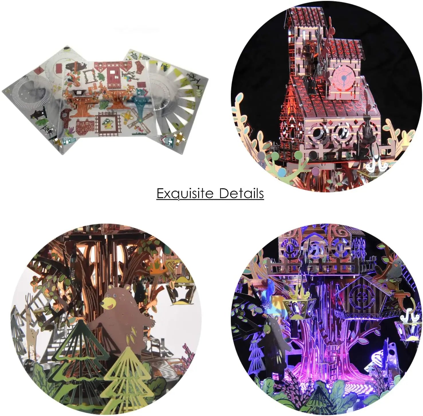 Microworld-rompecabezas de Metal 3D con tema de bosque, caja de música giratoria, modelo DIY con Kits de luces LED