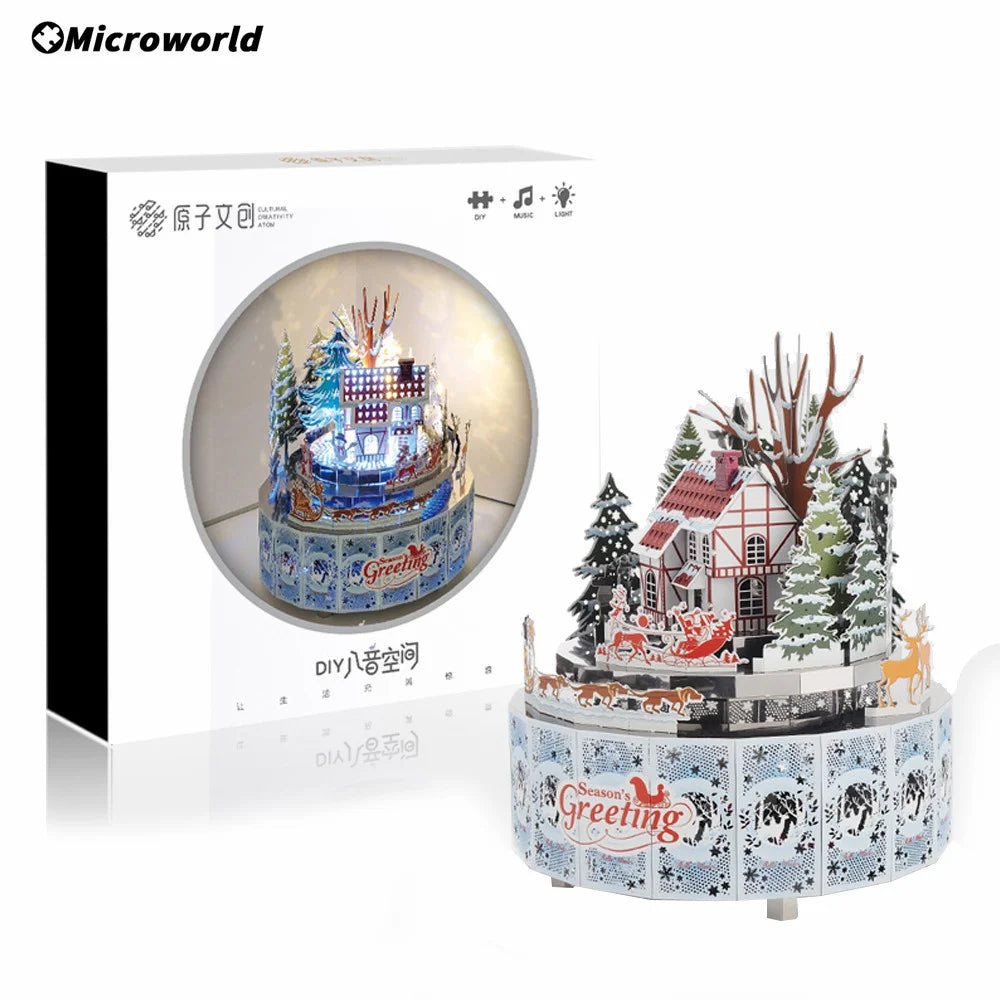 Microworld-rompecabezas de Metal 3D con tema de invierno, caja de música giratoria, Kits de modelos, rompecabezas DIY