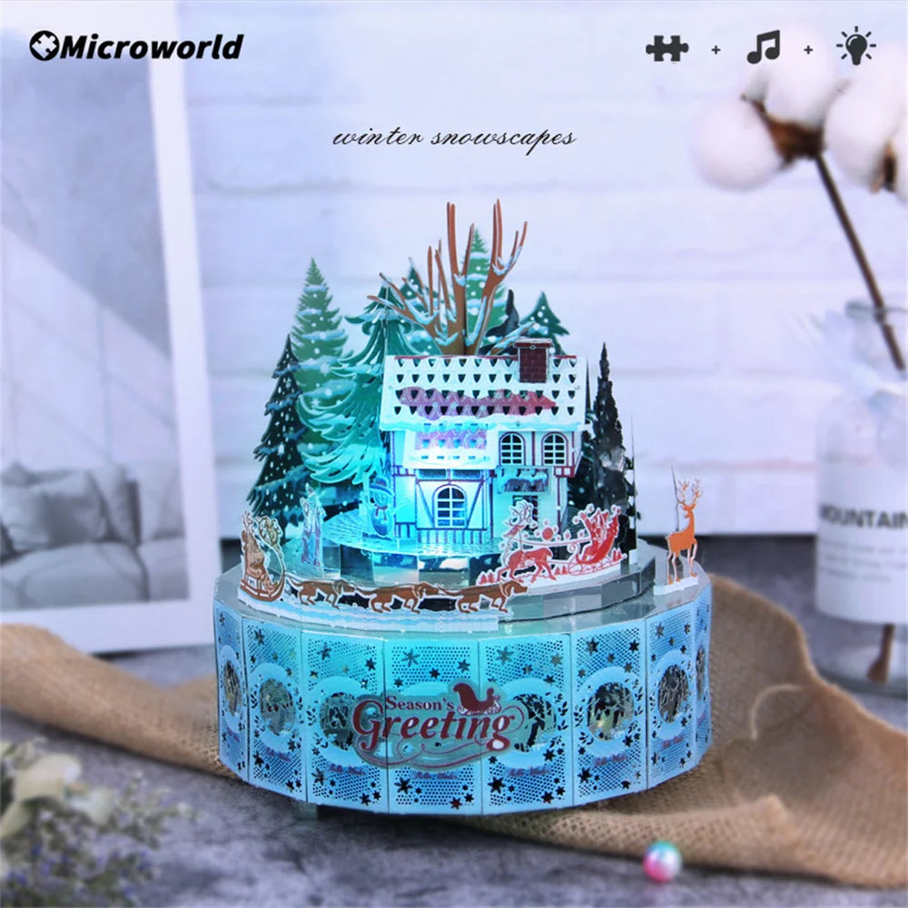 Microworld-rompecabezas de Metal 3D con tema de invierno, caja de música giratoria, Kits de modelos, rompecabezas DIY