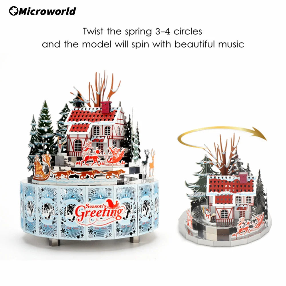 Microworld-rompecabezas de Metal 3D con tema de invierno, caja de música giratoria, Kits de modelos, rompecabezas DIY