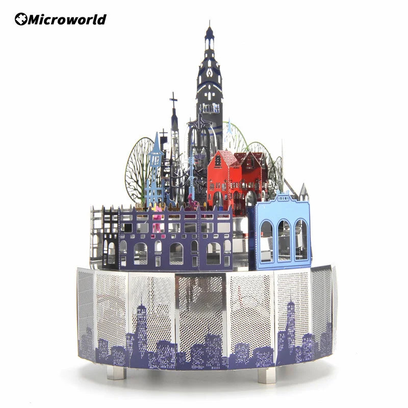 Microworld-rompecabezas de Metal 3D con tema de bosque, caja de música giratoria, modelo DIY con Kits de luces LED