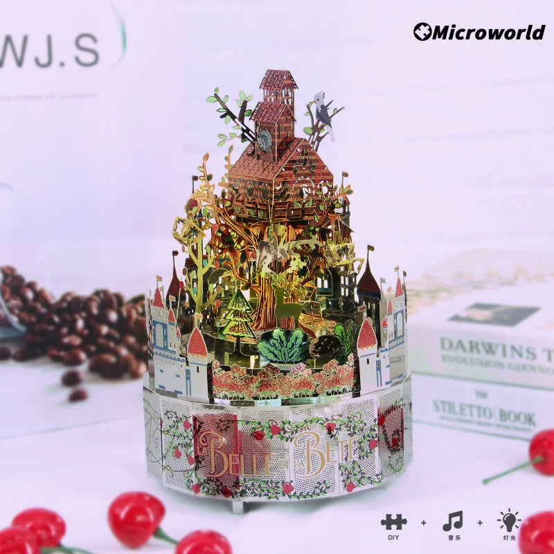Microworld-rompecabezas de Metal 3D con tema de bosque, caja de música giratoria, modelo DIY con Kits de luces LED