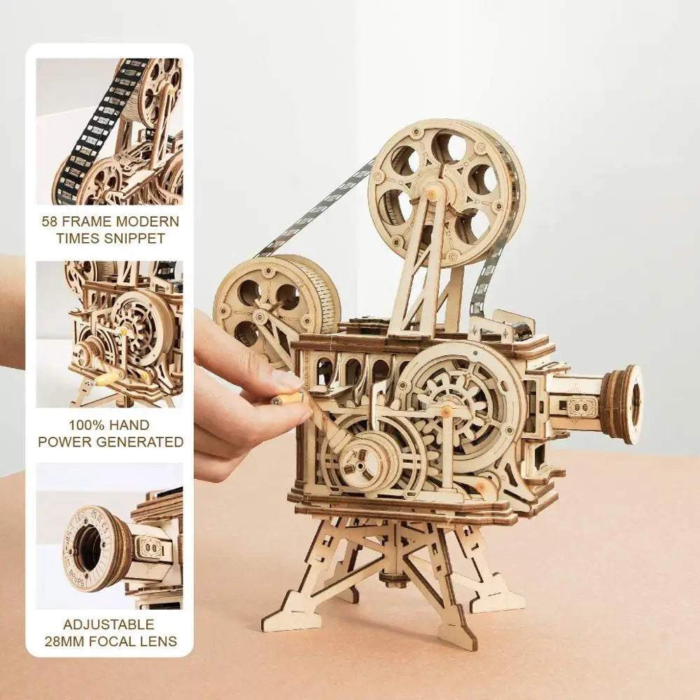 Robotime ROKR-proyector de manivela, Vitascopio de película clásica, rompecabezas de madera 3D, modelo de juguete de construcción para niños y adultos LK601