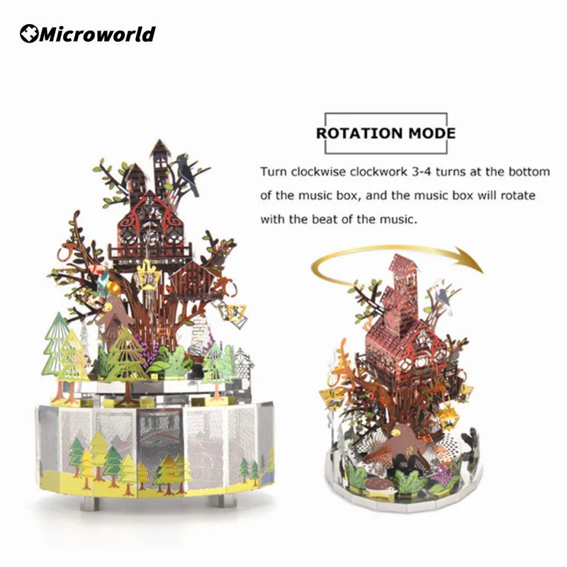 Microworld-rompecabezas de Metal 3D con tema de bosque, caja de música giratoria, modelo DIY con Kits de luces LED