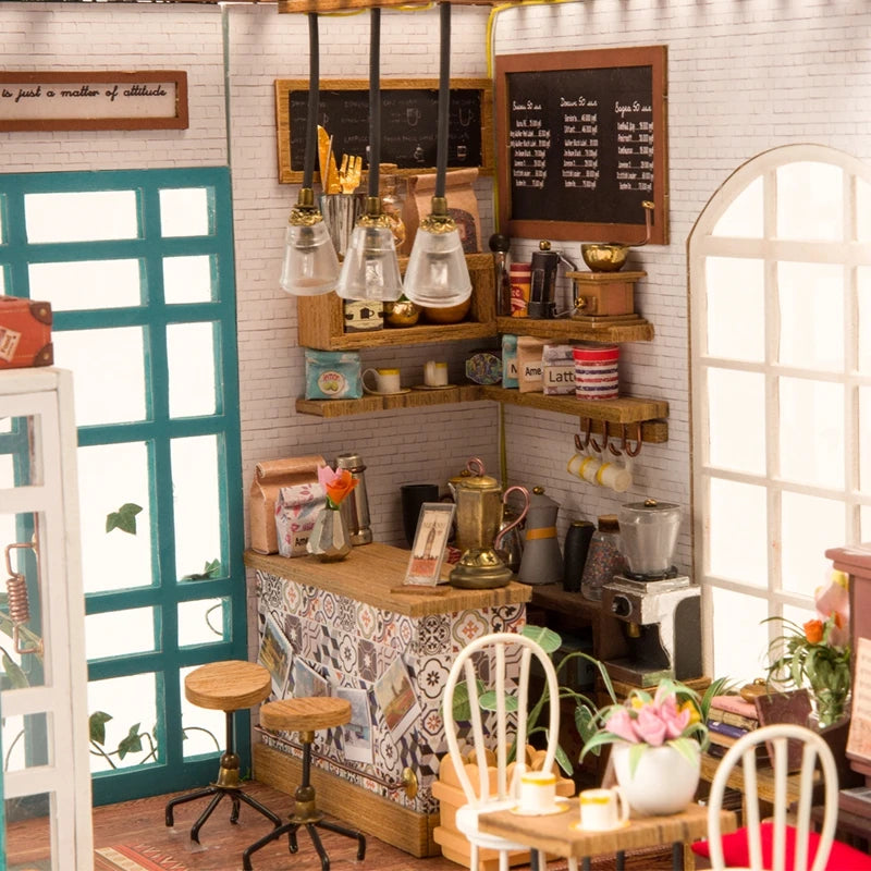 Robotime-casa de muñecas artística, Kits de casa en miniatura DIY, Mini casa de muñecas con muebles, juguetes de café de Simon para niños, regalo para niñas DG109
