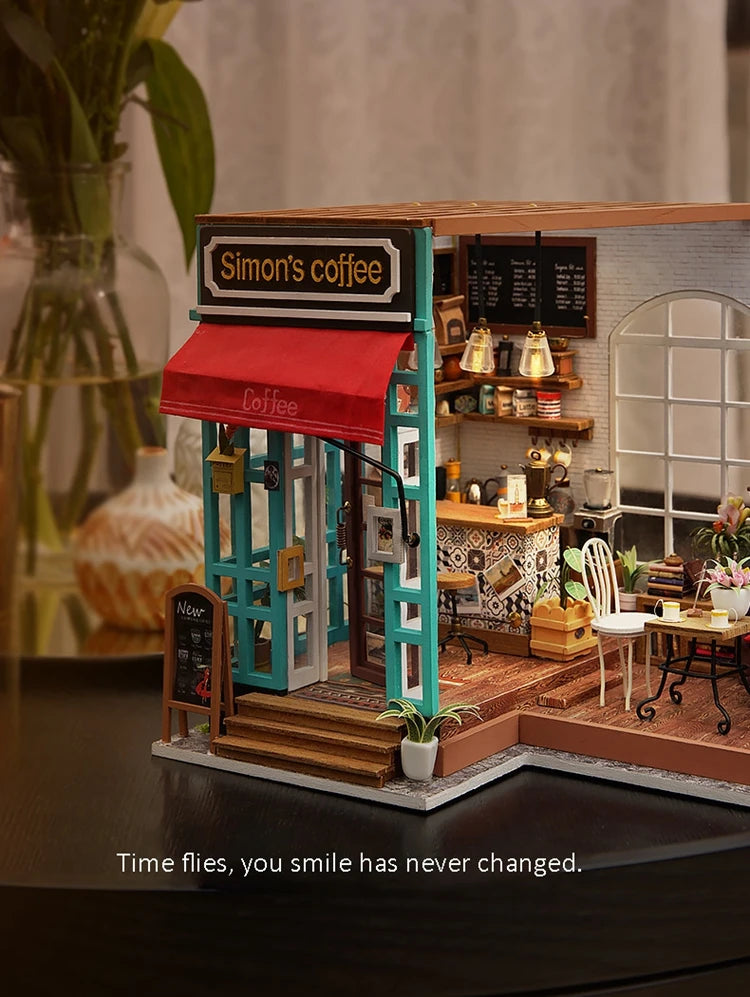 Robotime-casa de muñecas artística, Kits de casa en miniatura DIY, Mini casa de muñecas con muebles, juguetes de café de Simon para niños, regalo para niñas DG109