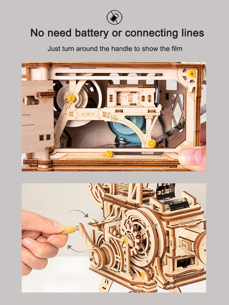 Robotime ROKR-proyector de manivela, Vitascopio de película clásica, rompecabezas de madera 3D, modelo de juguete de construcción para niños y adultos LK601