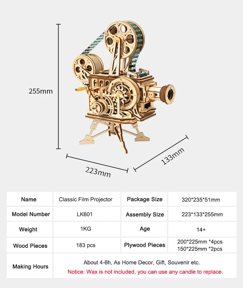 Robotime ROKR-proyector de manivela, Vitascopio de película clásica, rompecabezas de madera 3D, modelo de juguete de construcción para niños y adultos LK601