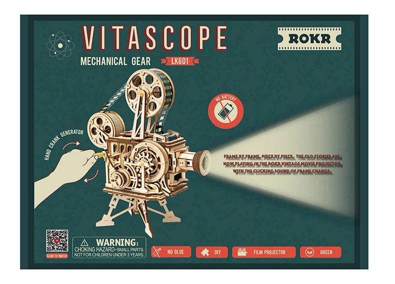 Robotime ROKR-proyector de manivela, Vitascopio de película clásica, rompecabezas de madera 3D, modelo de juguete de construcción para niños y adultos LK601