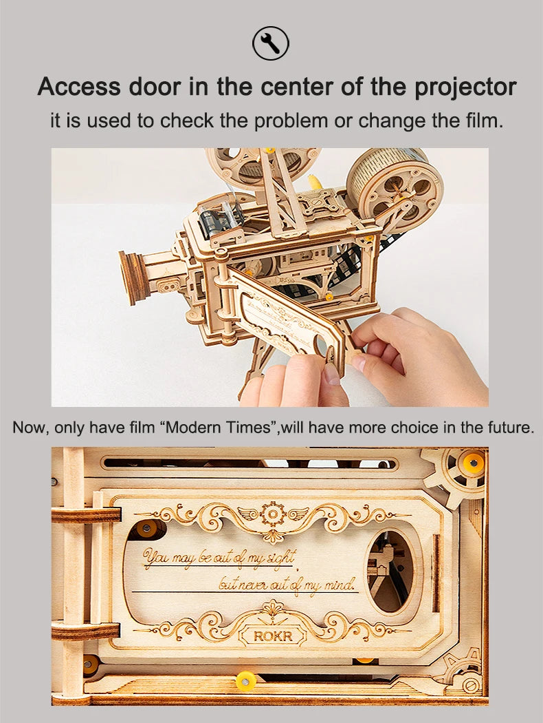Robotime ROKR-proyector de manivela, Vitascopio de película clásica, rompecabezas de madera 3D, modelo de juguete de construcción para niños y adultos LK601