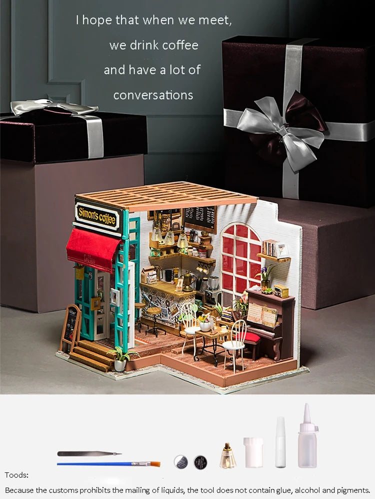 Robotime-casa de muñecas artística, Kits de casa en miniatura DIY, Mini casa de muñecas con muebles, juguetes de café de Simon para niños, regalo para niñas DG109