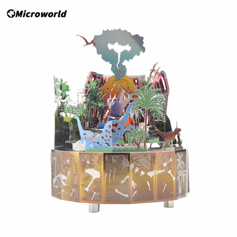 Microworld-rompecabezas de Metal 3D con tema de bosque, caja de música giratoria, modelo DIY con Kits de luces LED