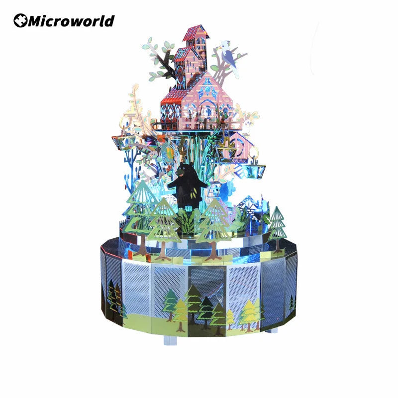 Microworld-rompecabezas de Metal 3D con tema de bosque, caja de música giratoria, modelo DIY con Kits de luces LED