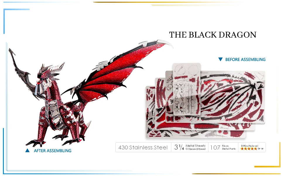 Piececool-rompecabezas de Metal 3D para adultos, rompecabezas de dragón negro