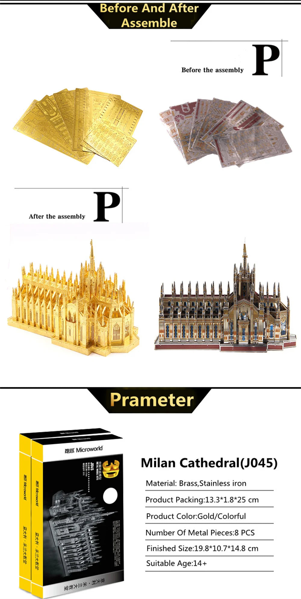 Microworld-rompecabezas de Metal 3D, Kits de modelos de construcción de catedral de Milán