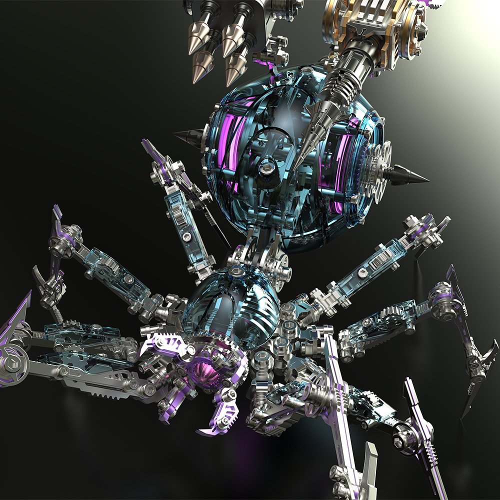 Araña Mecha Batalla Azul Cyberpunk Metal 3D