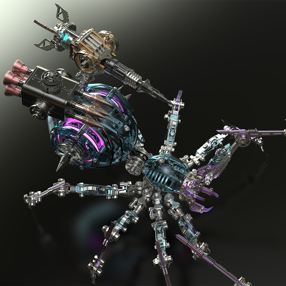 Araña Mecha Batalla Azul Cyberpunk Metal 3D