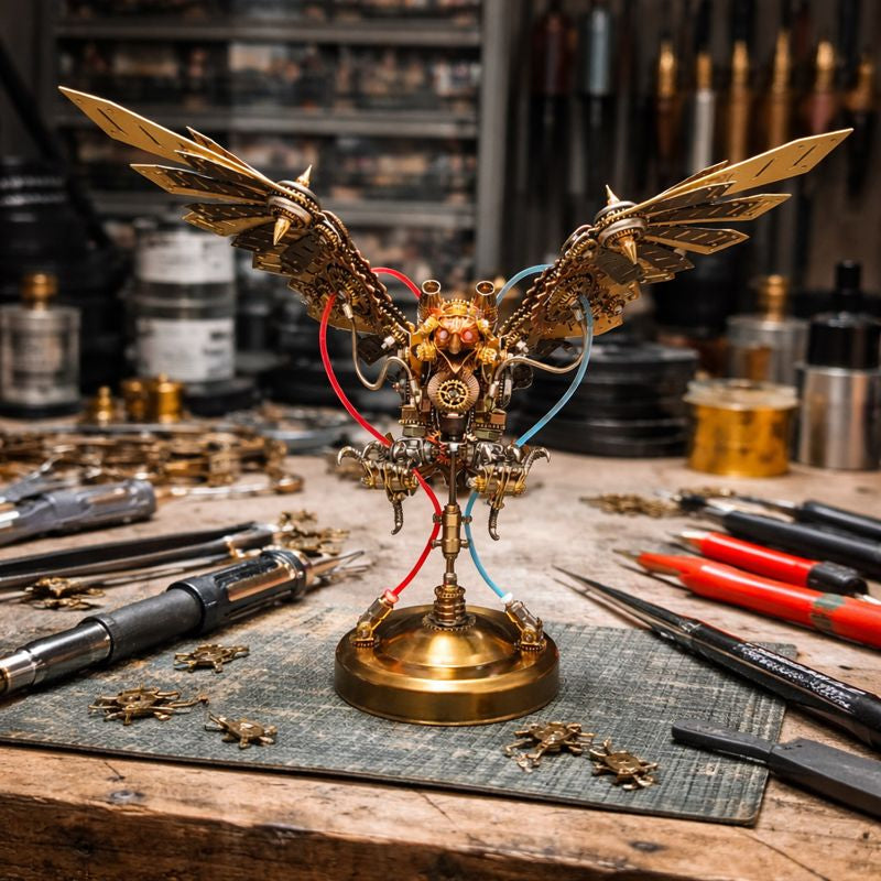 Águila Mecánica Steampunk Metal 3D con Ojos LED