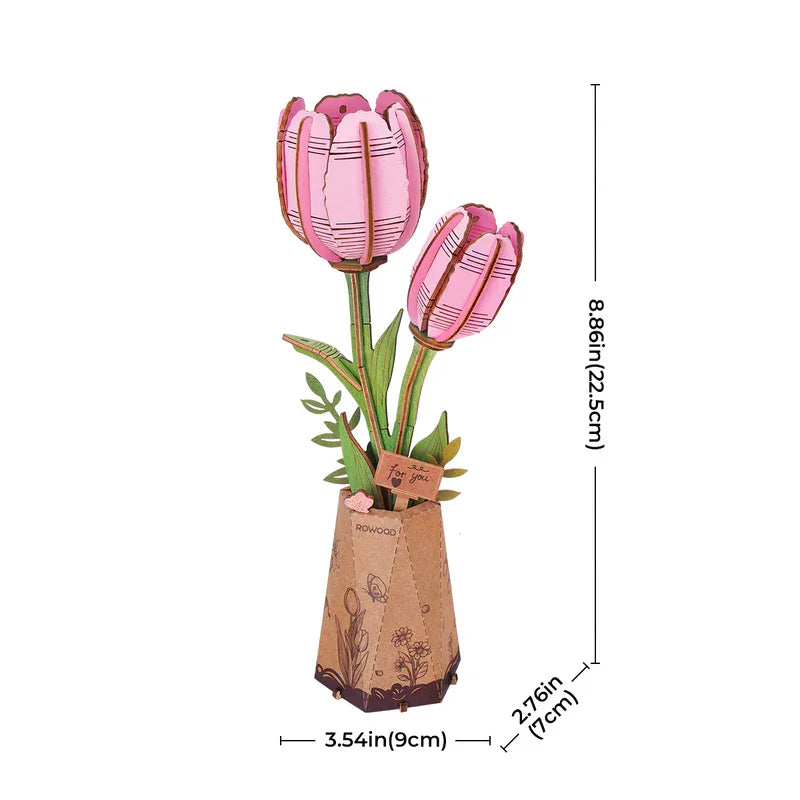 Robotime DIY flor de madera polilla púrpura flor de orquídeas tulipán rosa manzanilla artesanías flor de madera regalo para mamá esposa amigos