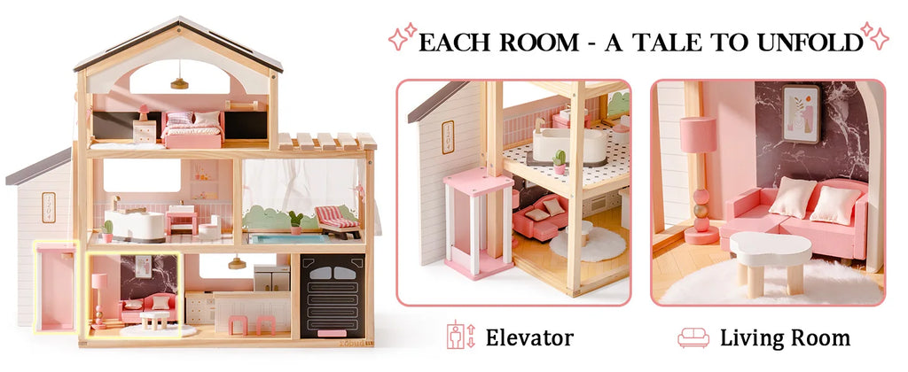 Robotime Robud Casa de muñecas de madera, 6 habitaciones con juego de muebles de 29 piezas, elevador de trabajo, garaje, piscina, regalo Ideal para niños y edades
