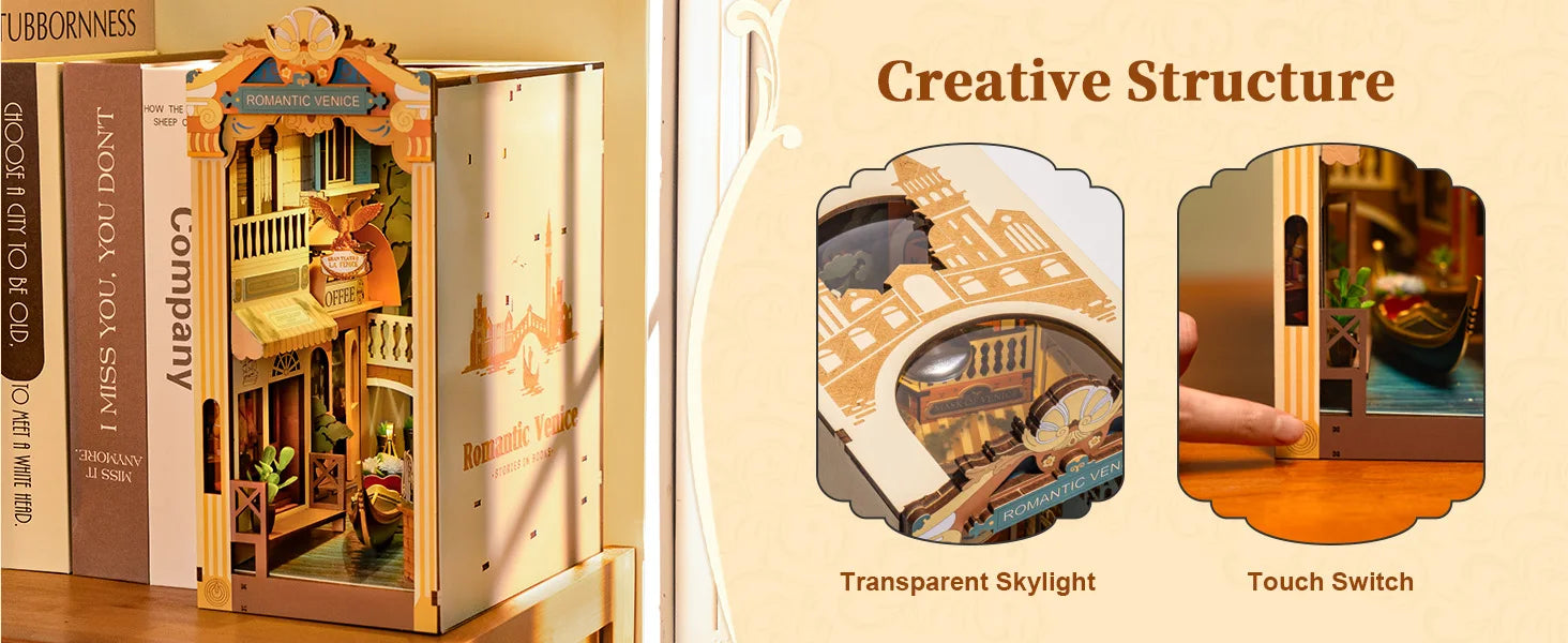 Kits Robotime Book Nook, Venecia Romántica con Luces LED, Rompecabezas 3D de Madera, Sujetalibros, Casa en Miniatura para Adultos