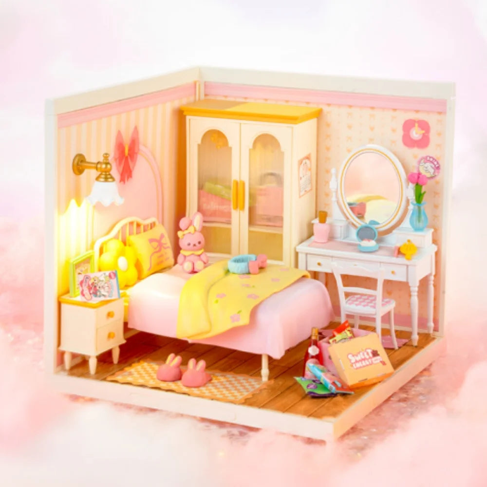 Robotime Rolife: casita en miniatura «Lovely Pink Bedroom» para montar tú mismo, con accesorios y luces LED, ideal como regalo de cumpleaños DW016
