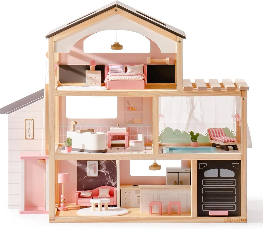 Robotime Robud Casa de muñecas de madera, 6 habitaciones con juego de muebles de 29 piezas, elevador de trabajo, garaje, piscina, regalo Ideal para niños y edades