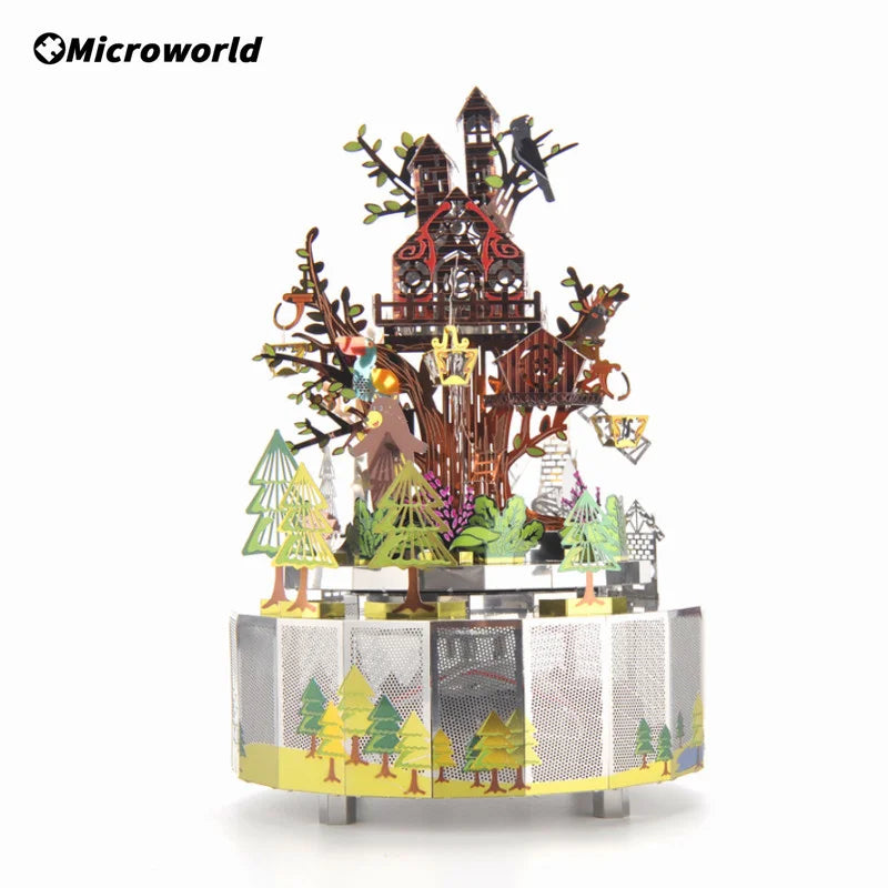 Microworld-rompecabezas de Metal 3D con tema de bosque, caja de música giratoria, modelo DIY con Kits de luces LED