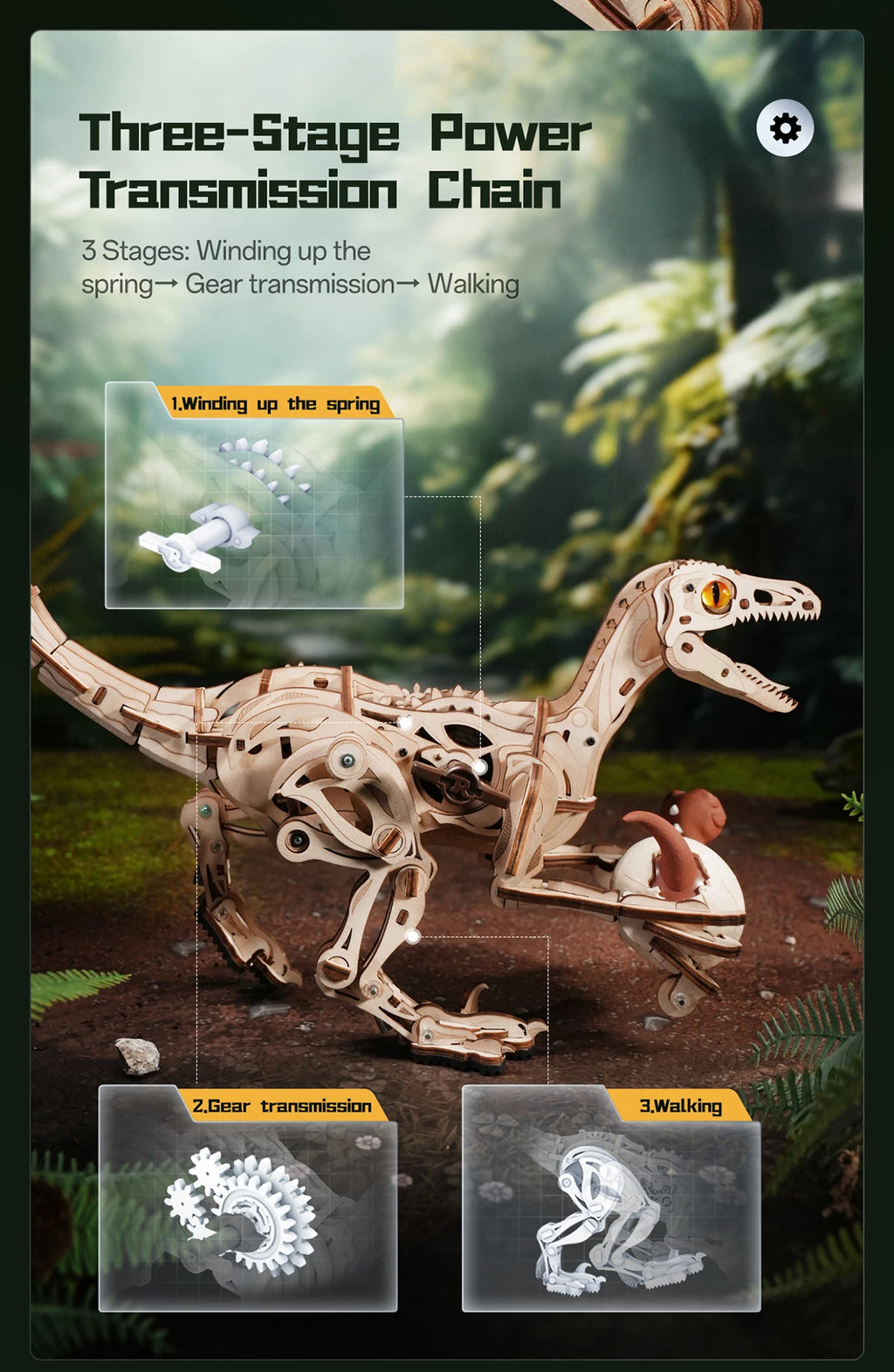 Rompecabezas 3D de Madera Robotime Rokr, Velociraptor Mecánico, Modelo de Velociraptor para Armar, Kit de Construcción Mecánica, Madera 3D LD01