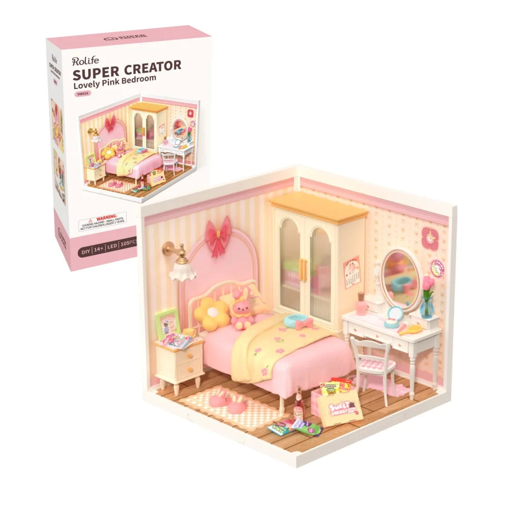 Robotime Rolife: casita en miniatura «Lovely Pink Bedroom» para montar tú mismo, con accesorios y luces LED, ideal como regalo de cumpleaños DW016