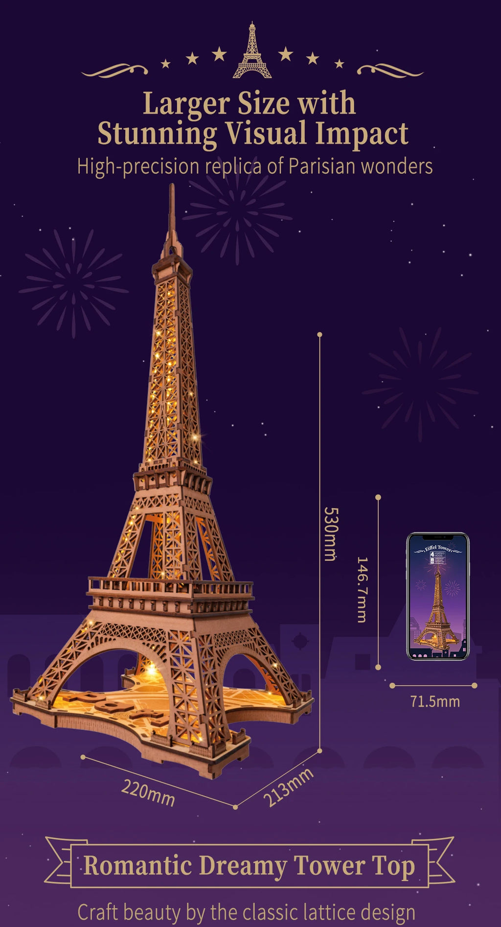 Robotime-Juego de rompecabezas de madera 3D, noche de la Torre Eiffel, modelos 1:638 para niños y adultos, Kits de manualidades DIY, regalo DIY con luz
