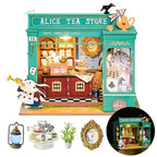 Robotime Rolife-casa de muñecas educativa, Kit de casa en miniatura DIY, casa de muñecas de madera, tienda de té de Alicia, regalos para niñas
