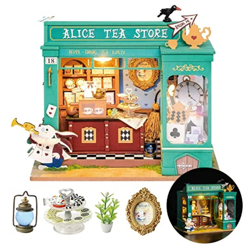 Robotime Rolife-casa de muñecas educativa, Kit de casa en miniatura DIY, casa de muñecas de madera, tienda de té de Alicia, regalos para niñas