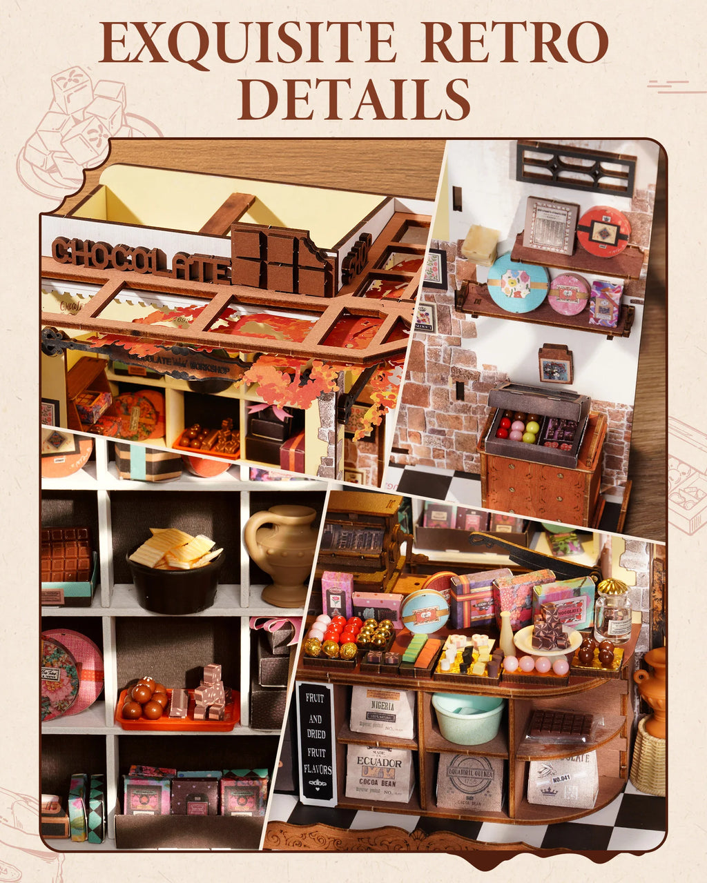 Robotime Rolife Henry's Chocolate DIY Kit de casa en miniatura Kit de construcción de modelo de casa de muñecas de madera con regalos artesanales LED para adultos