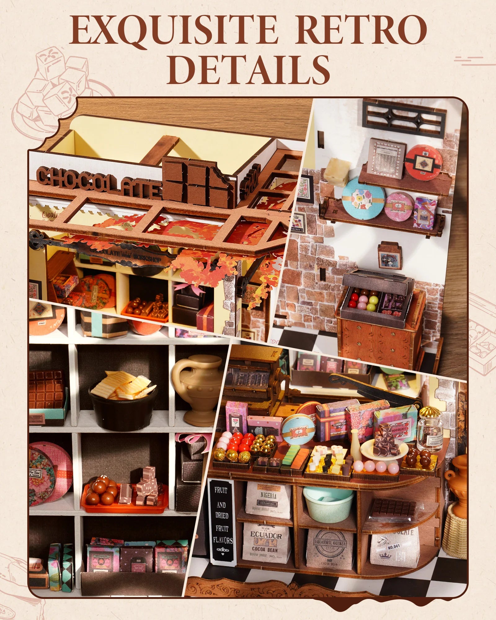 Robotime Rolife Henry's Chocolate DIY Kit de casa en miniatura Kit de construcción de modelo de casa de muñecas de madera con regalos artesanales LED para adultos