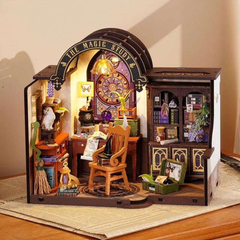 Robotime-Kit de casa en miniatura DIY, kit de estudio mágico con LED y muebles, Kit de construcción de modelo de casa de muñecas de madera, regalo para adultos