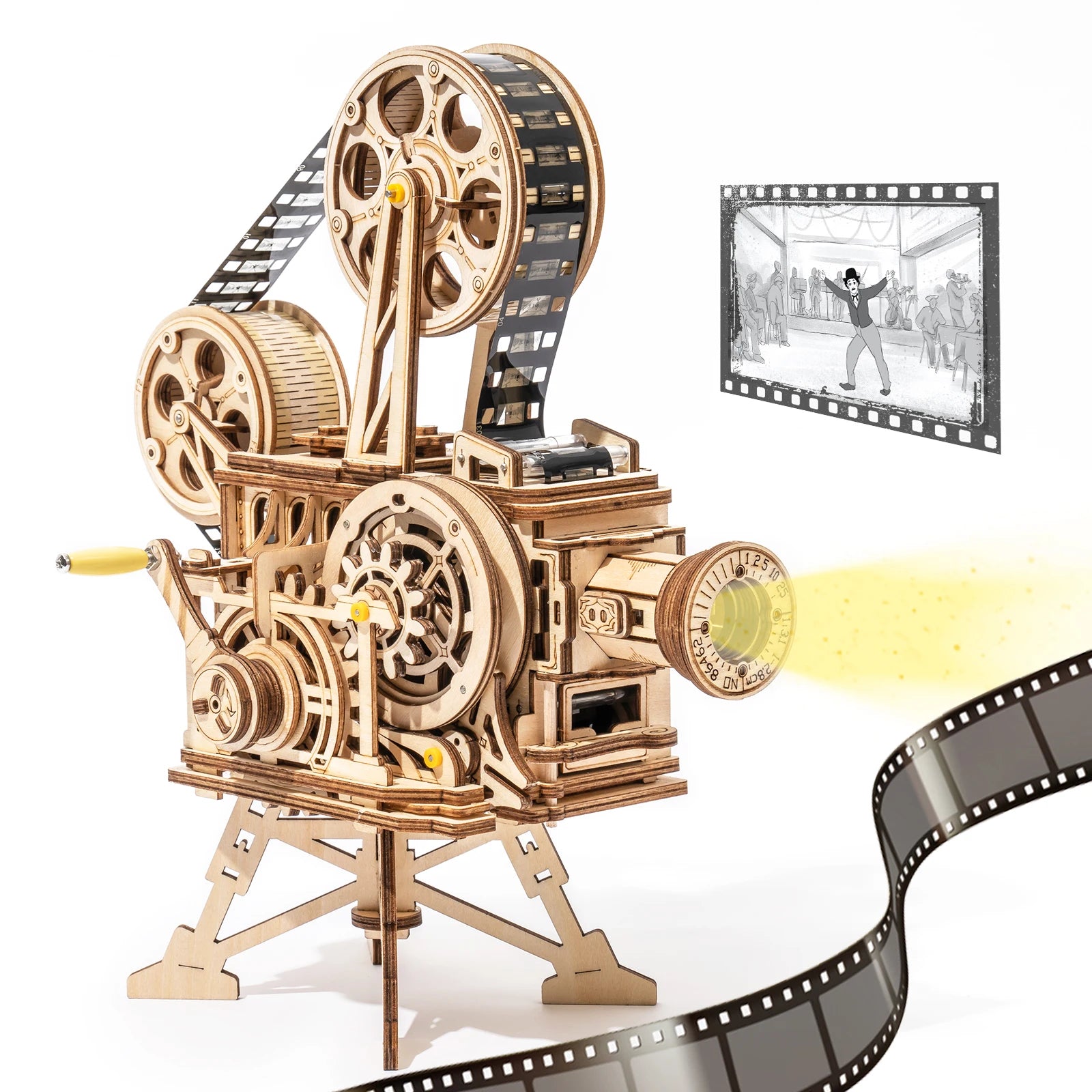 Robotime ROKR-proyector de manivela, Vitascopio de película clásica, rompecabezas de madera 3D, modelo de juguete de construcción para niños y adultos LK601