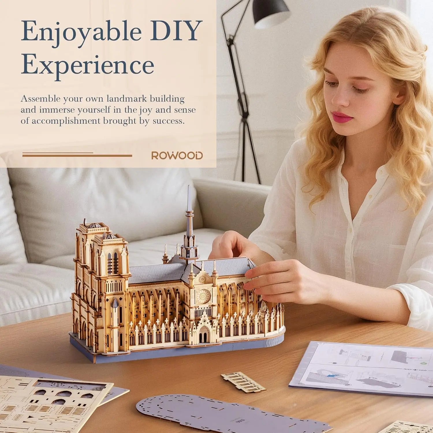 Robotime Rokr rompecabezas 3D catedral de París Kit de modelo de madera para adultos para construir juguetes DIY construcción kits de manualidades regalo Ideal