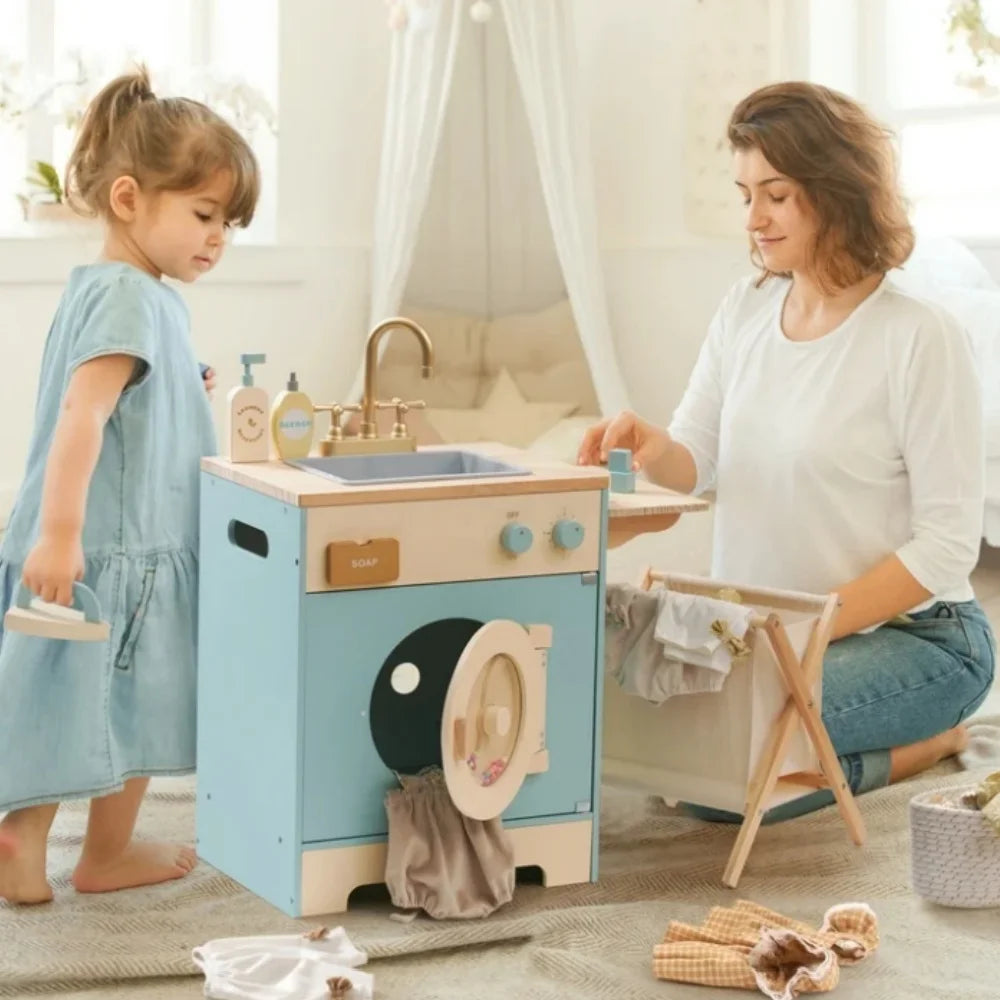Robotime Robud Lavadora de cocina Playset Juego de simulación Lavadora de juguete con cesta de ropa Hierro y fregadero para niños de 3 años + Azul