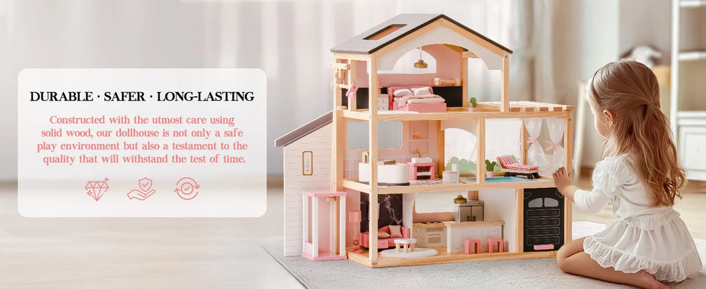 Robotime Robud Casa de muñecas de madera, 6 habitaciones con juego de muebles de 29 piezas, elevador de trabajo, garaje, piscina, regalo Ideal para niños y edades