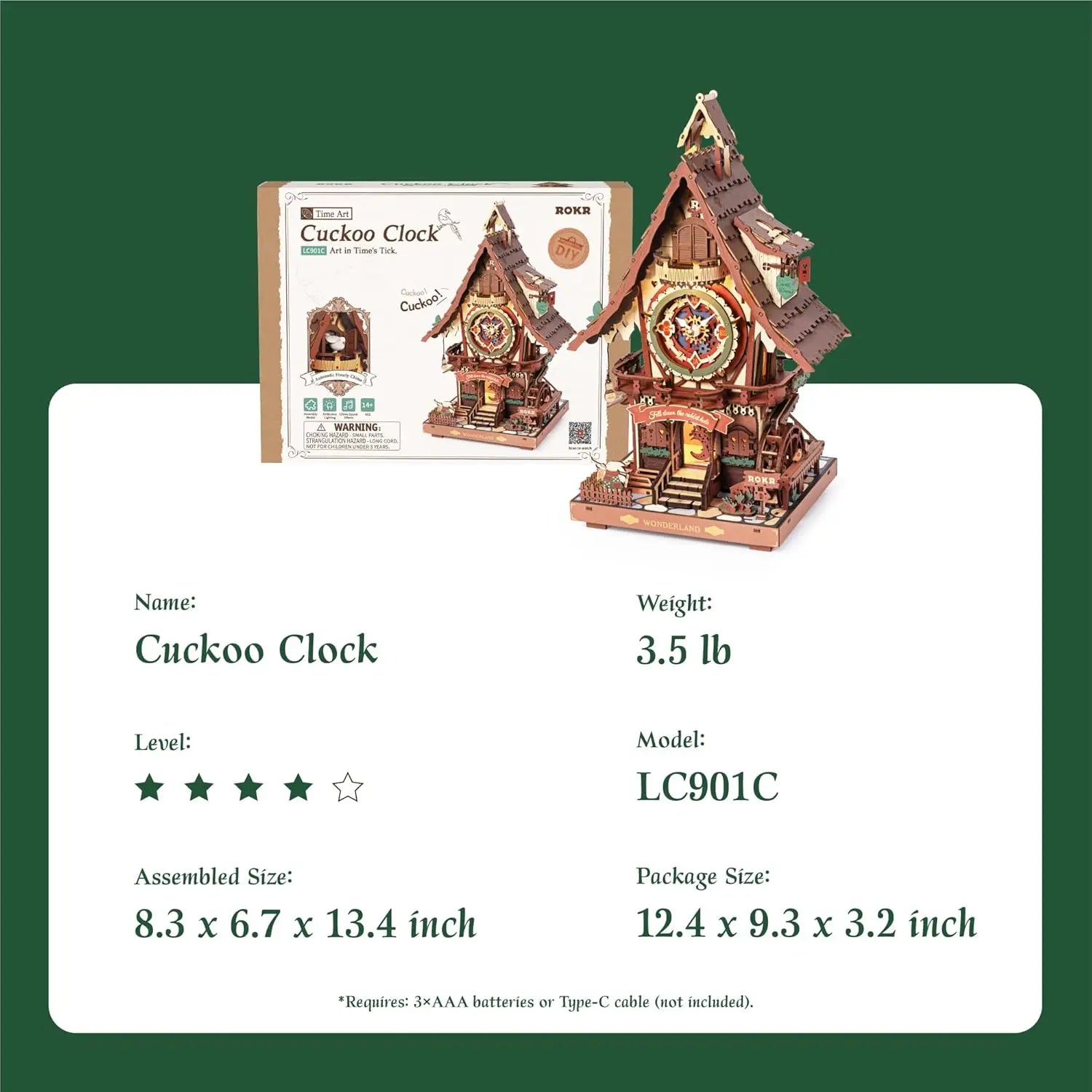 Robotime Rokr-rompecabezas de madera 3D, Kit de reloj de cuco, estilo bosque negro con pájaro de trabajo, Kit de modelo de reloj DIY para niños y adultos