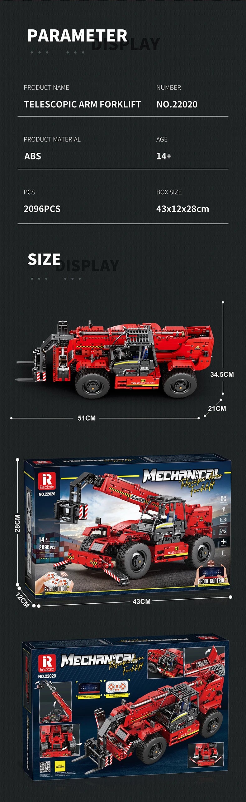 Bloques de construcción de carretilla elevadora telescópica para niños, vehículo de ingeniería urbana, modelo de coche de Control remoto