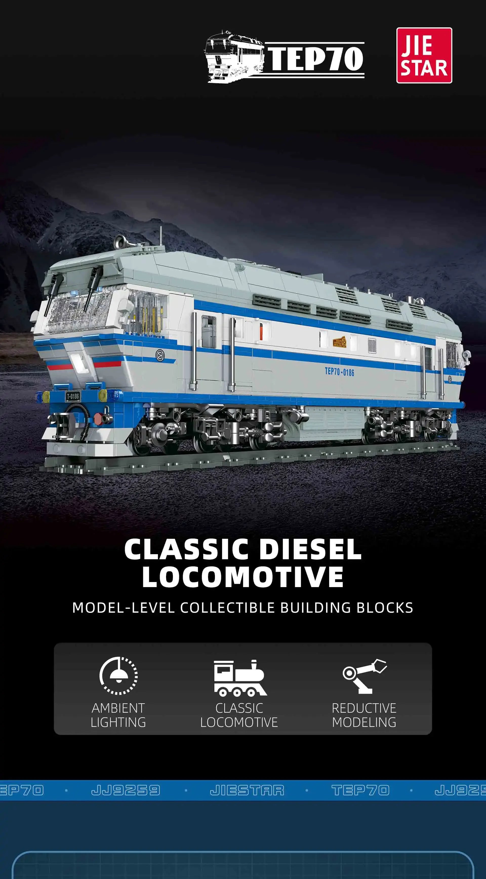 Jiestar JJ9259 Locomotora Diésel TEP70 Tren Ferroviario con Luz, Kit de Construcción de Modelos