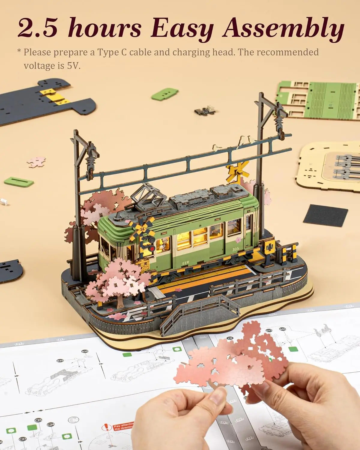 Robotime-rompecabezas 3D Sakura Journey, modelo DIY, juguete de construcción con luz LED, Kits de artesanía de madera, Hobby de Tram para niños, regalo de rompecabezas