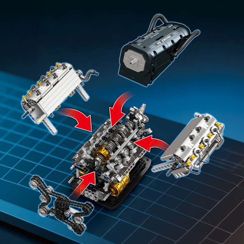 Set de Bloques de Construcción de Motor V6 con Soporte, Adorno Coleccionable para Escritorio