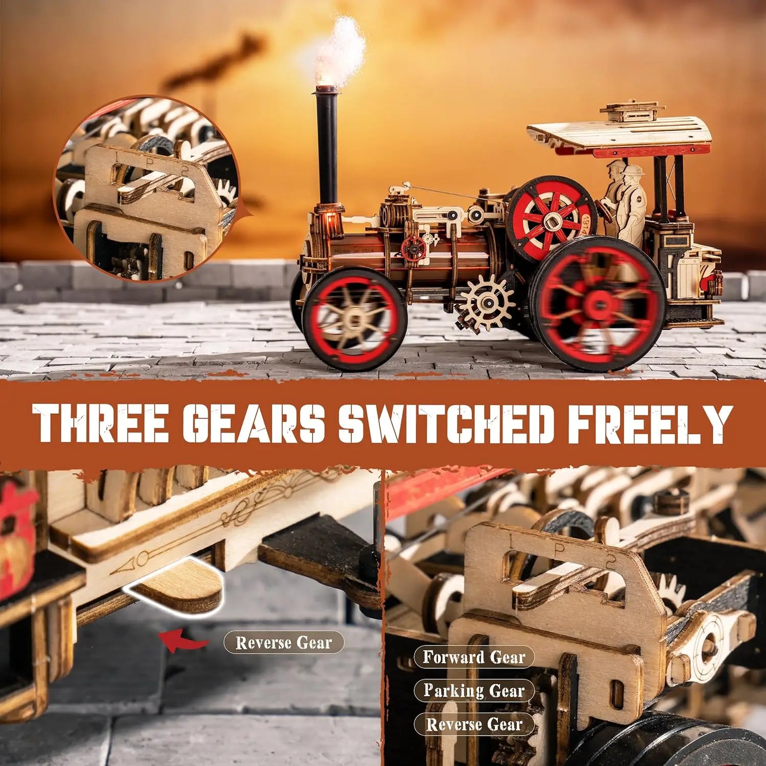 Robotime Rokr Kit de construcción de modelo de coche rompecabezas de madera 3D Kit de vapor 1:28 locomotora de vapor mecánica regalos impresionantes para adultos y adolescentes