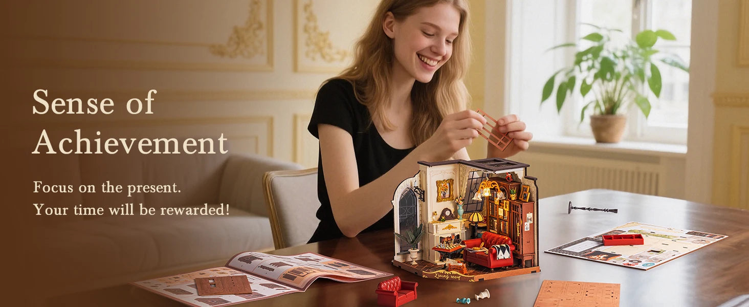 Robotime Rolife Catherine's Living Room DIY Kit de casa en miniatura Kit de construcción de modelo de casa de muñecas de madera con LED y muebles DG175